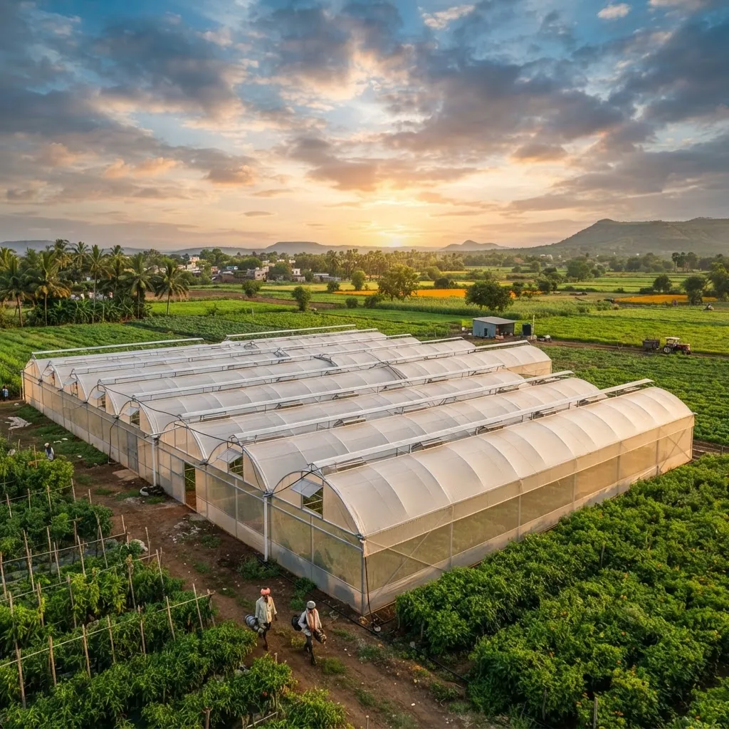 Modern poly house greenhouses on an Indian farm at golden hour
