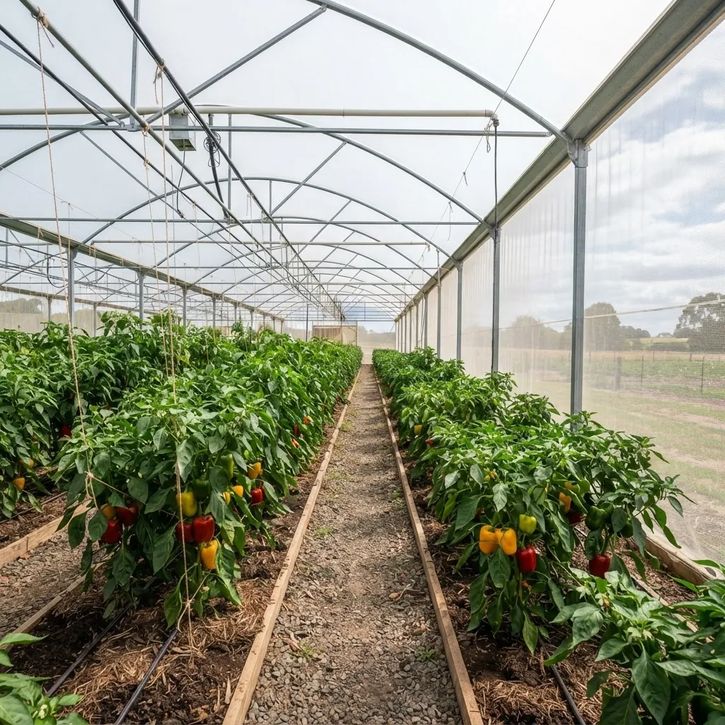 Interior of a naturally ventilated poly house with capsicum plants